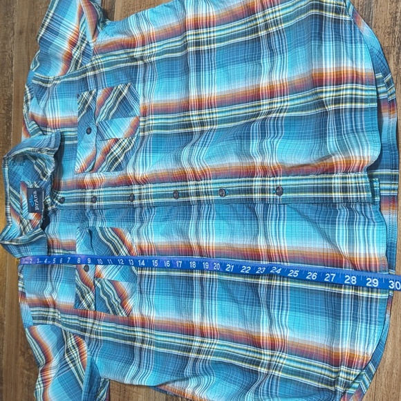 Prana Short Sleeve Button Down Western Style Plaid Size Large in Blue/Brown - Picture 6 of 7